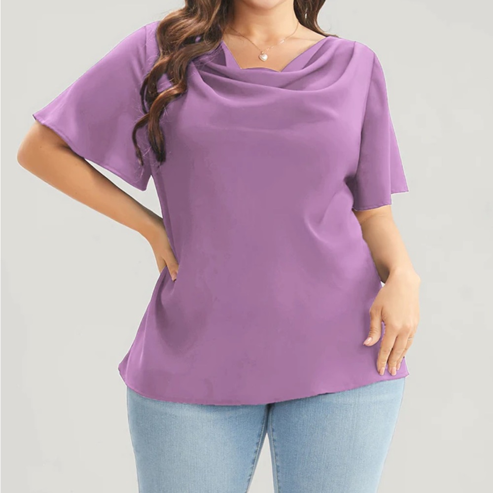 Plain Cowl Neck Ruffle Sleeve Blouse